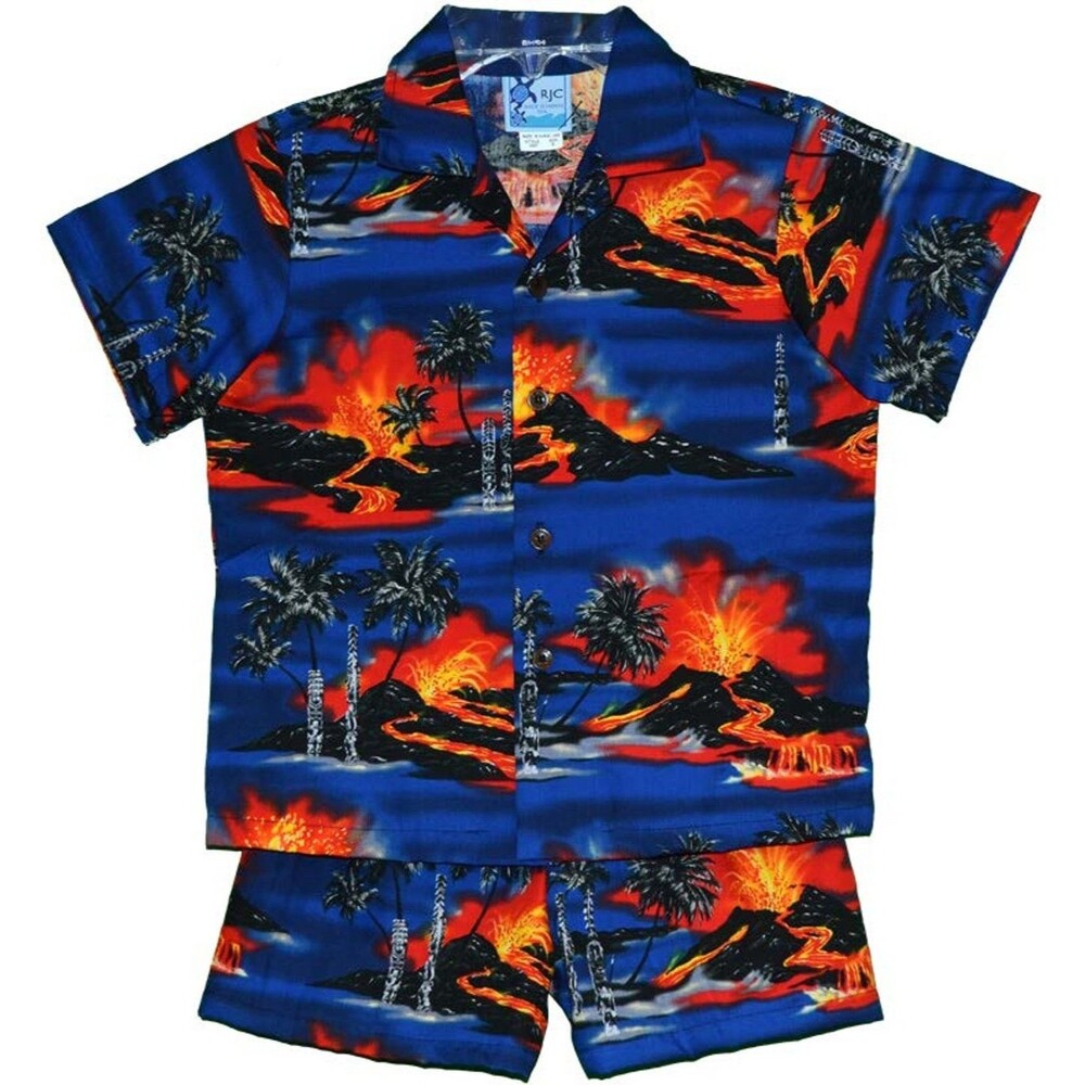 RJC Boys 2 Piece Cotton Shorts Shirt Hawaiian Volcano Cabana Set, Size 24 Months